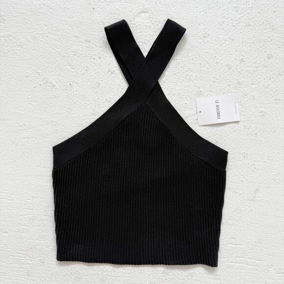 Forever 21 Sweater Knit Halter Crop Tank Top Criss Cross Ribbed Black XS NWT - Picture 1 of 5